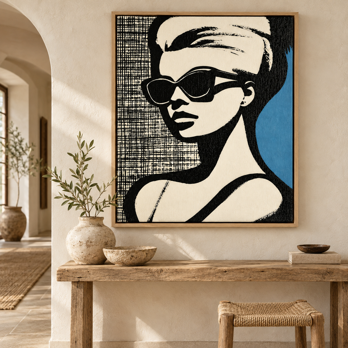 Blue and Black Wall Art – Cat-Eye Noir by Rossetti Art – vertical retro portrait canvas above a rustic console in an entryway