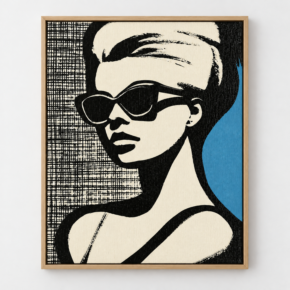 Blue and Black Wall Art – Cat-Eye Noir by Rossetti Art – retro graphic portrait of a woman in cat-eye sunglasses with a crosshatch backdrop and blue accent, framed front view