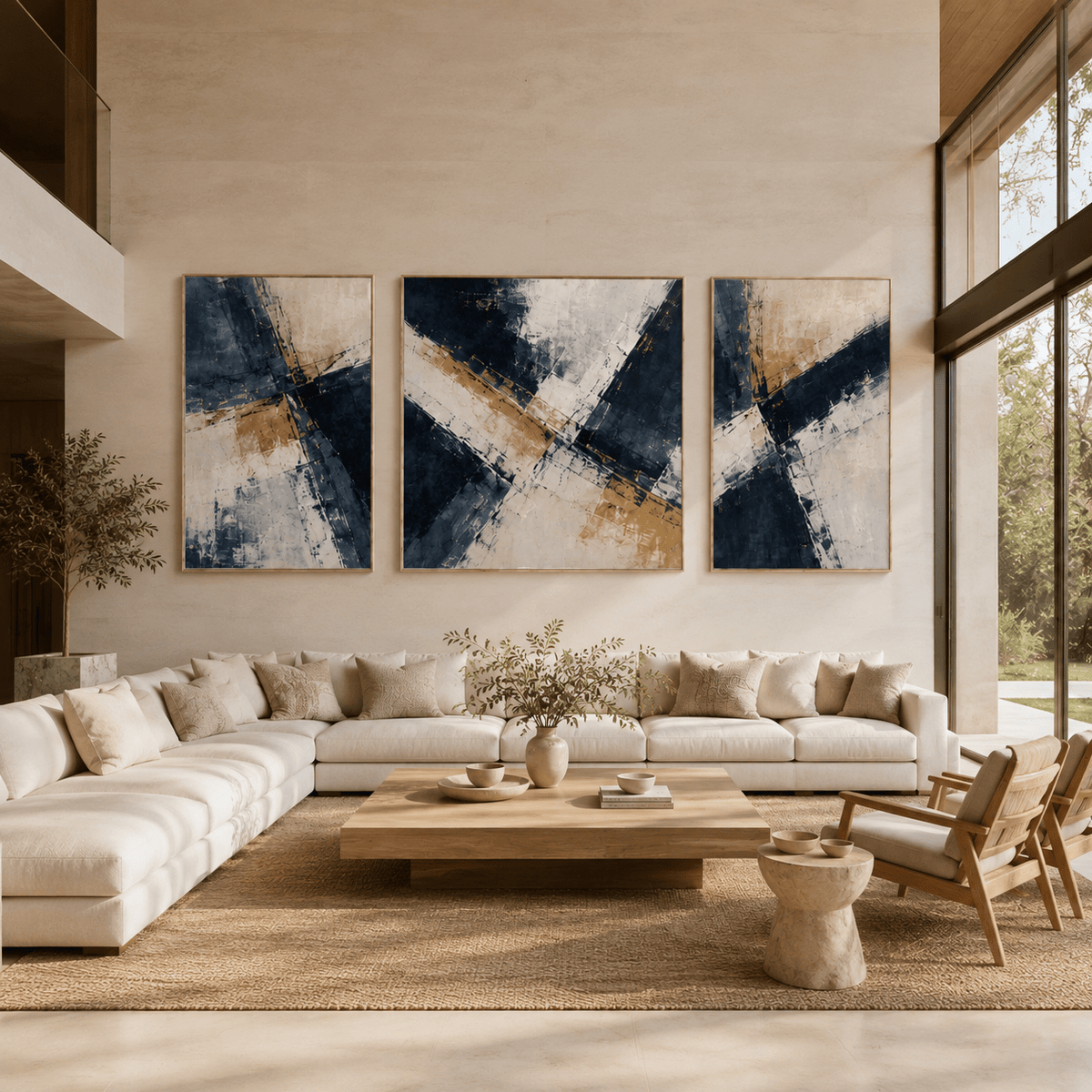 Navy and gold geometric abstract 3 piece canvas wall art in a modern living room