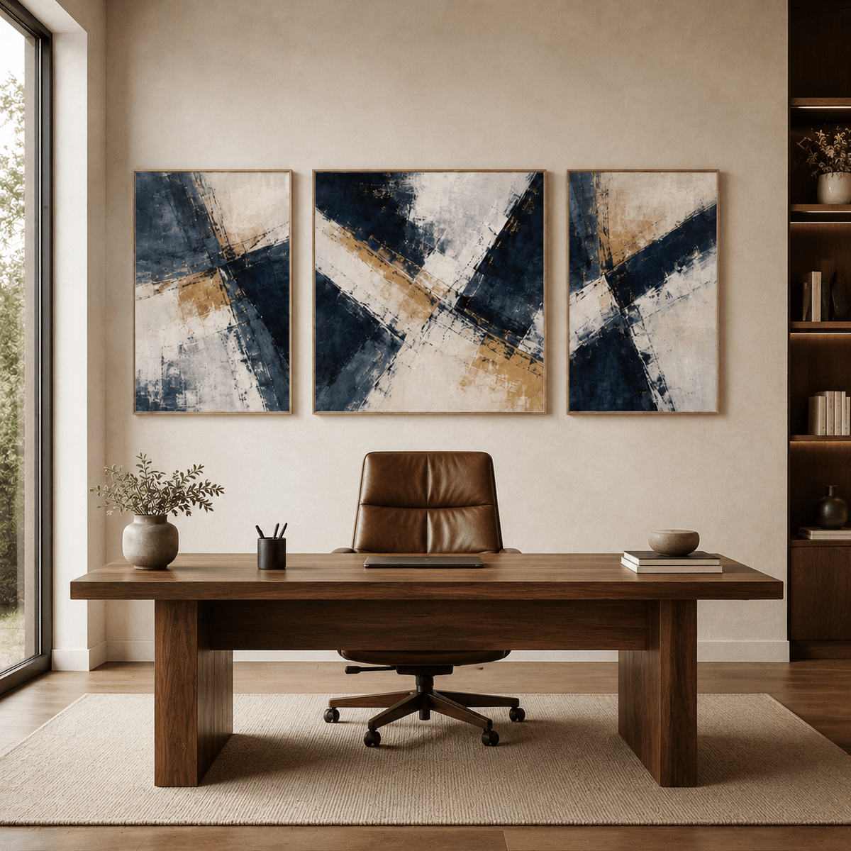 Navy and gold abstract canvas art set hanging in a home office