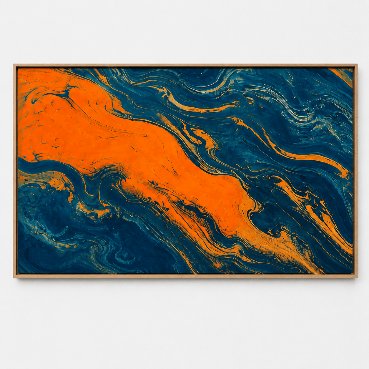 Blue and orange wall art canvas print, flat studio view – Azure Ember by Rossetti Art