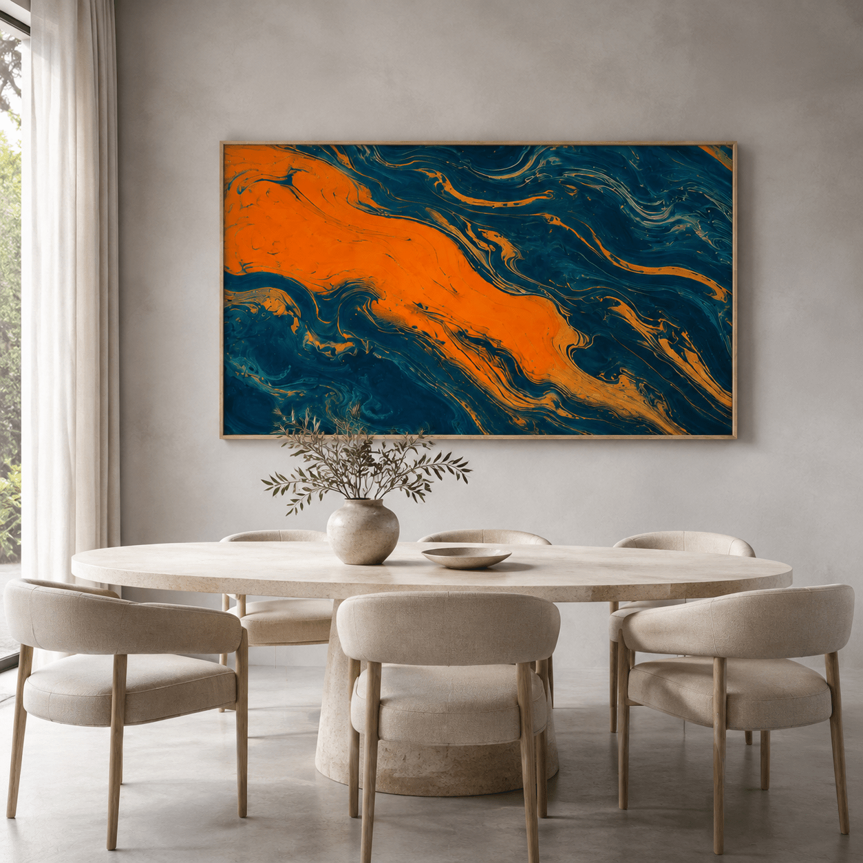Blue and orange abstract canvas print above a dining table – Azure Ember by Rossetti Art