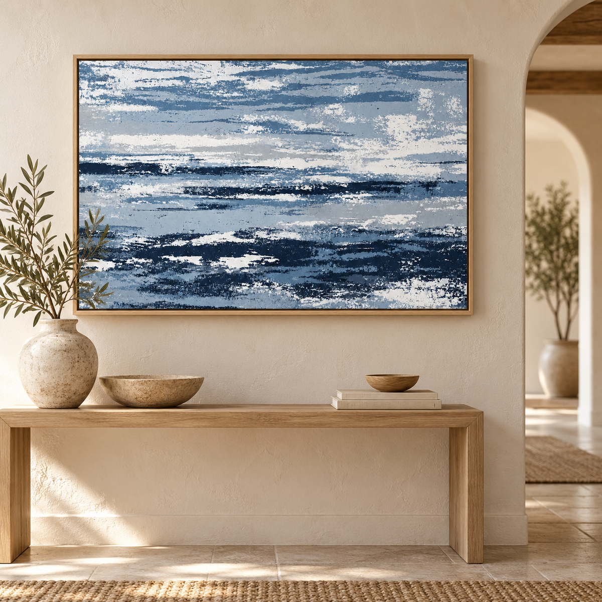 Blue and White Wall Art – Salt Current by Rossetti Art – horizontal blue abstract canvas above a wooden console in an entryway