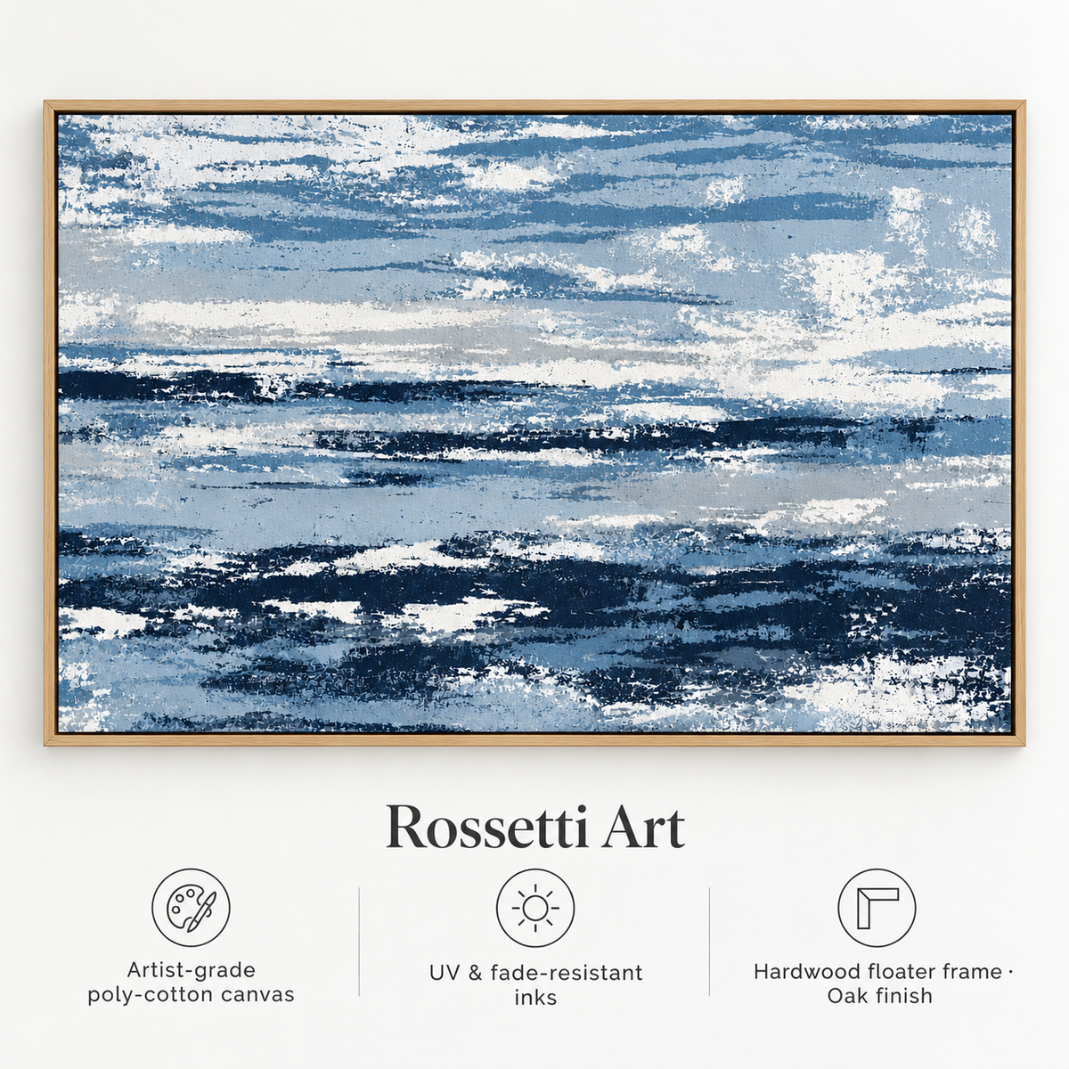 Blue and White Wall Art – Salt Current by Rossetti Art – poly-cotton canvas, UV and fade-resistant inks, hardwood floater frame