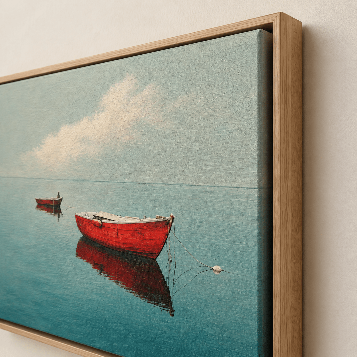 Close-up detail of boat wall art canvas texture in an oak floater frame – Still Anchorage by Rossetti Art