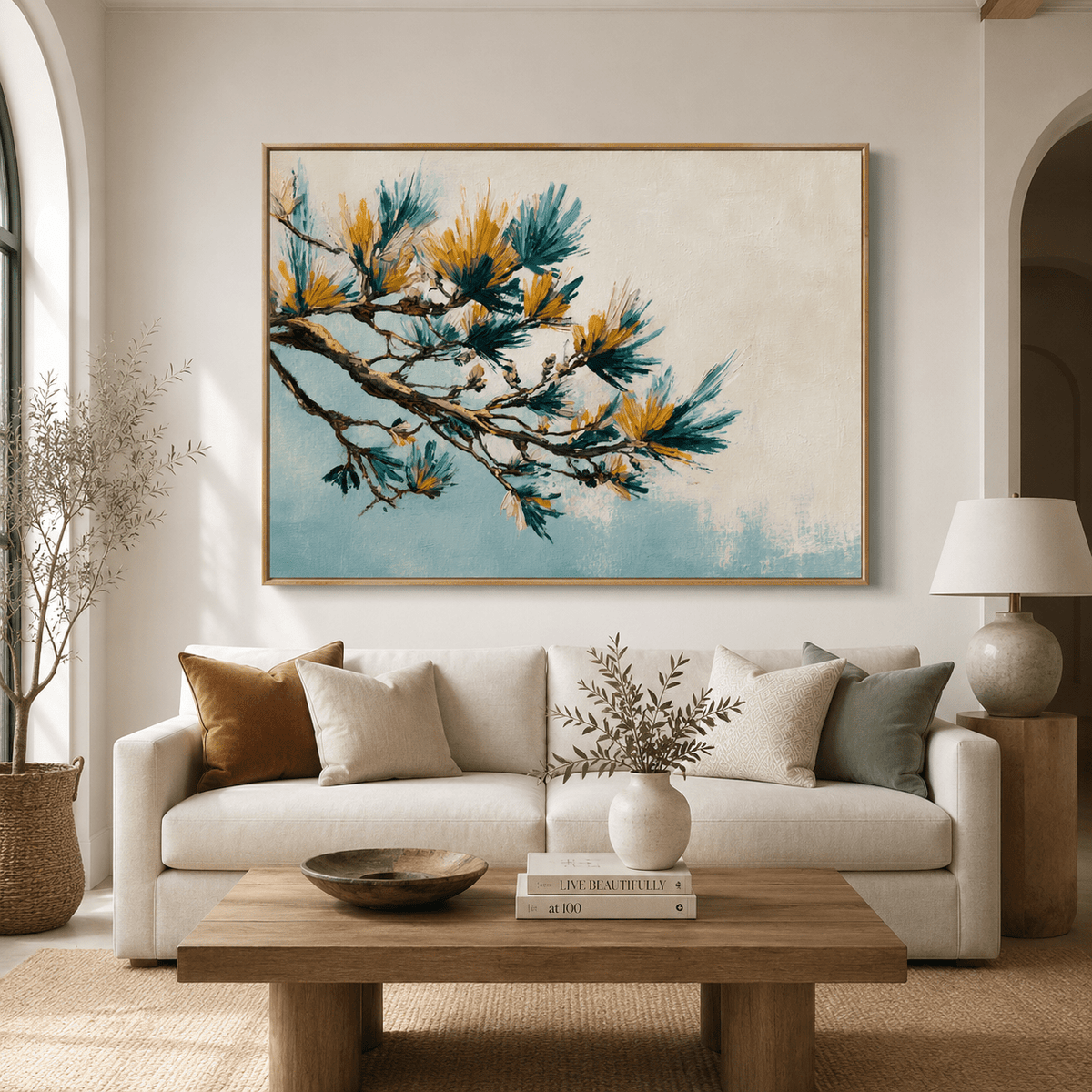Botanical art print of a golden pine branch displayed above a sofa in a living room