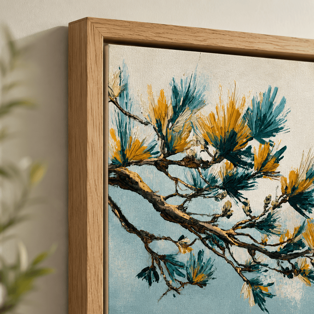 Close-up of Golden Pine botanical canvas print showing teal and gold brushwork and hardwood floater frame