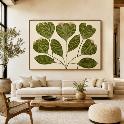Horizontal green botanical leaf wall art canvas print with rust-colored accents