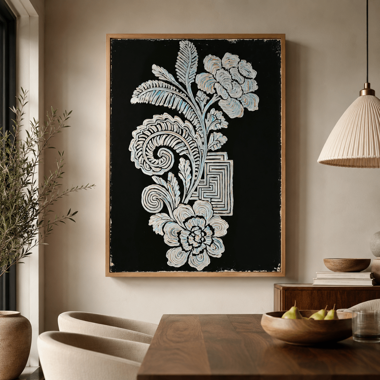 Dark floral botanical wall art canvas print displayed above a dining table