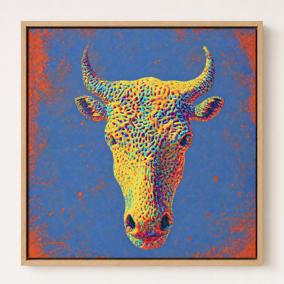 Colorful pointillist bull wall art canvas print – Solar Charge by Rossetti Art
