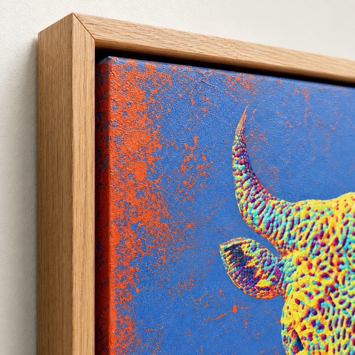 Oak frame detail on bull wall art canvas print – Solar Charge by Rossetti Art