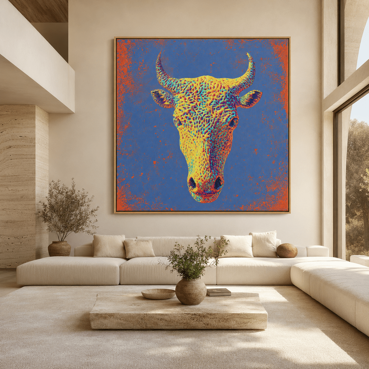 Bull wall art canvas print in a modern living room – Solar Charge by Rossetti Art