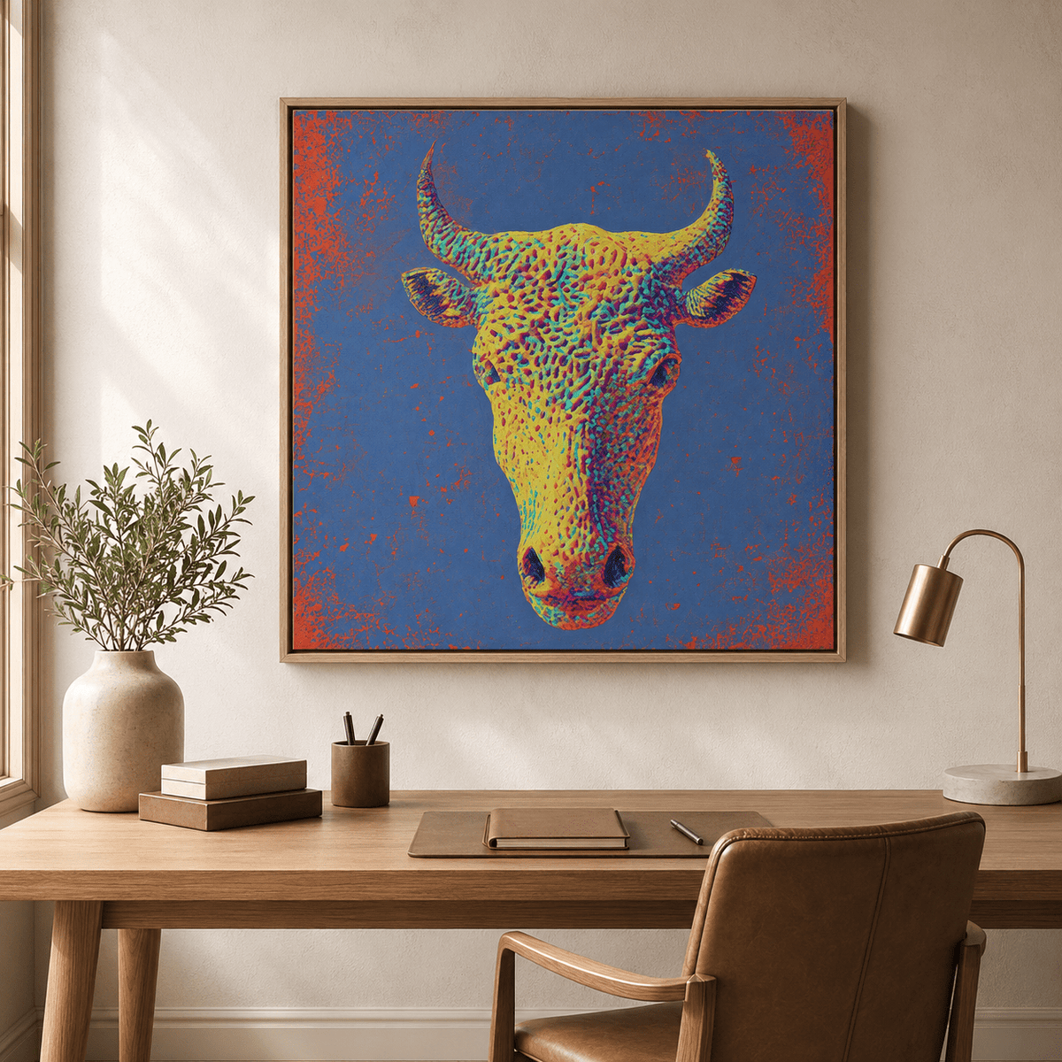 Bull wall art canvas print in a home office – Solar Charge by Rossetti Art