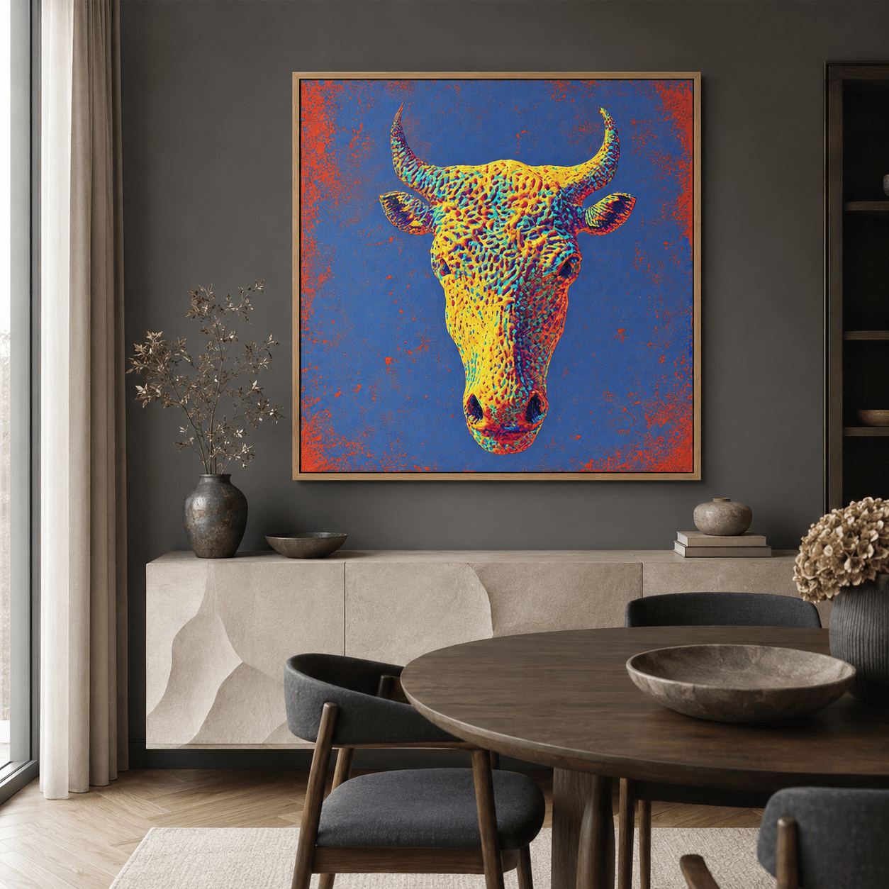 Bull wall art canvas print above a dining room sideboard – Solar Charge by Rossetti Art