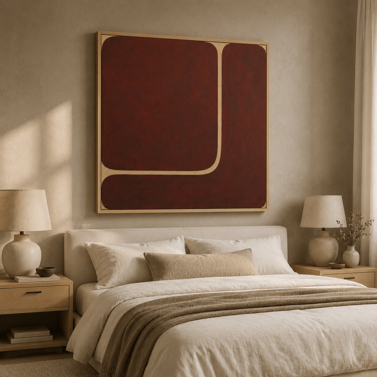 Burgundy wall art canvas print – Quiet Divide in an oak floater frame above a bed in a neutral bedroom, by Rossetti Art