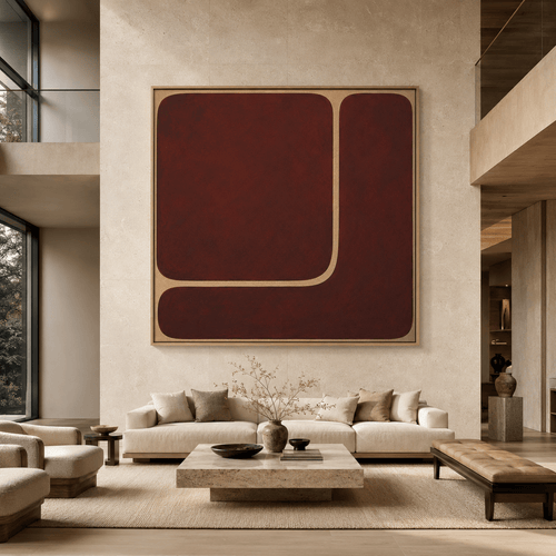 Large burgundy wall art canvas print – Quiet Divide in an oak frame above a living room sofa, by Rossetti Art