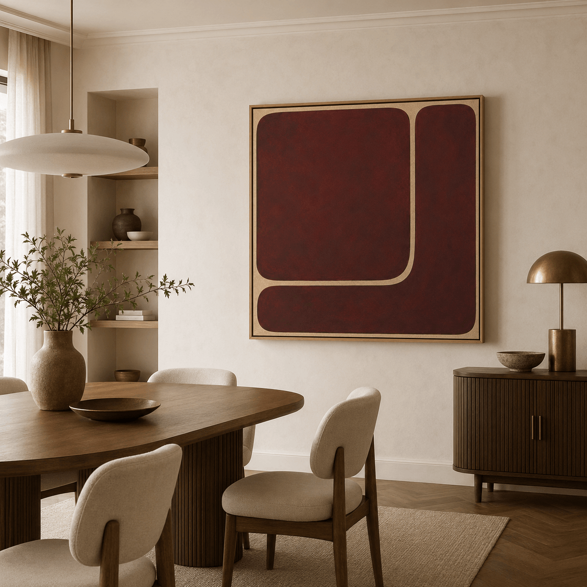 Burgundy wall art canvas print – Quiet Divide framed in oak above a dining room sideboard wall, by Rossetti Art