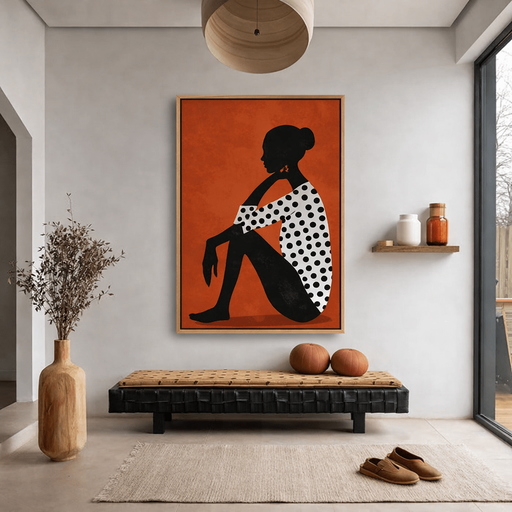 Burnt Orange Minimalist Silhouette Canvas Print | Modern Figurative Wall Art with Polka Dot Dress | Rossetti Art