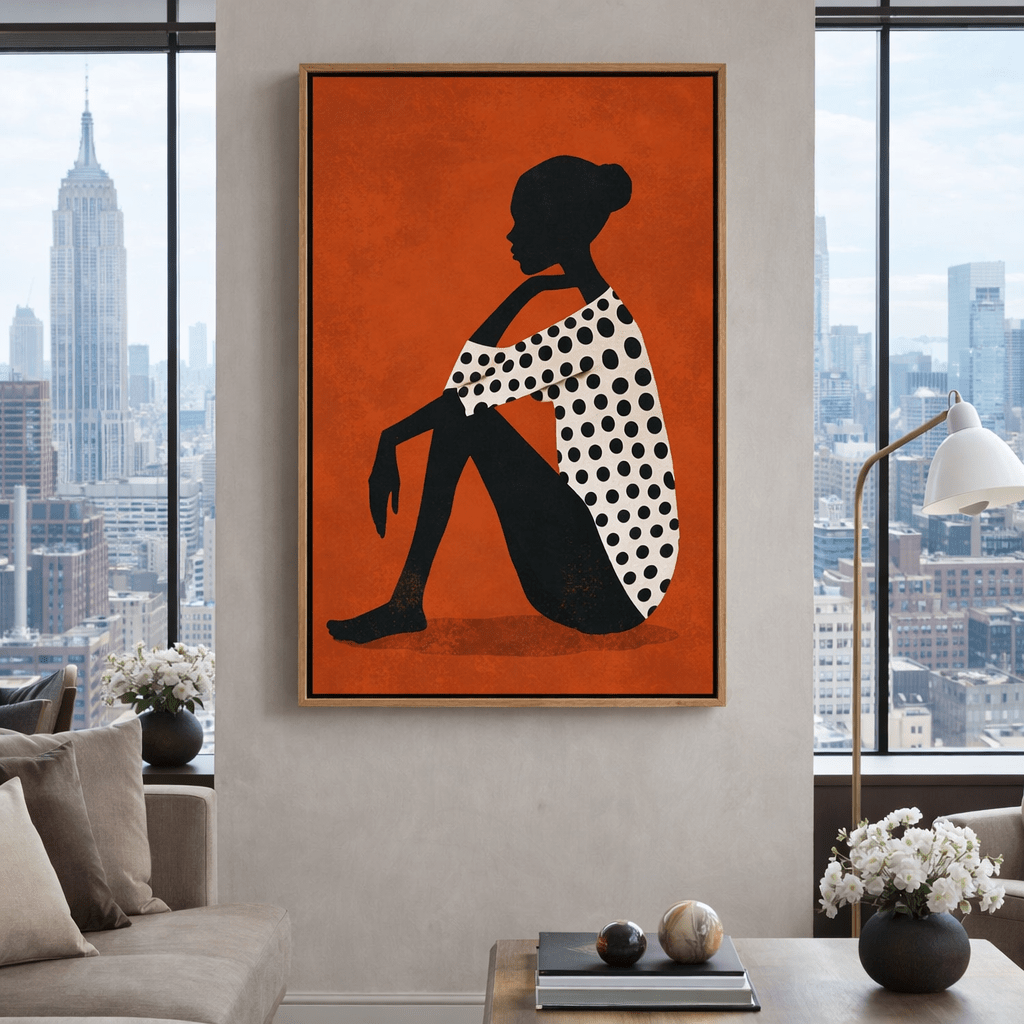 Burnt Orange Minimalist Silhouette Canvas Print | Modern Figurative Wall Art with Polka Dot Dress | Rossetti Art