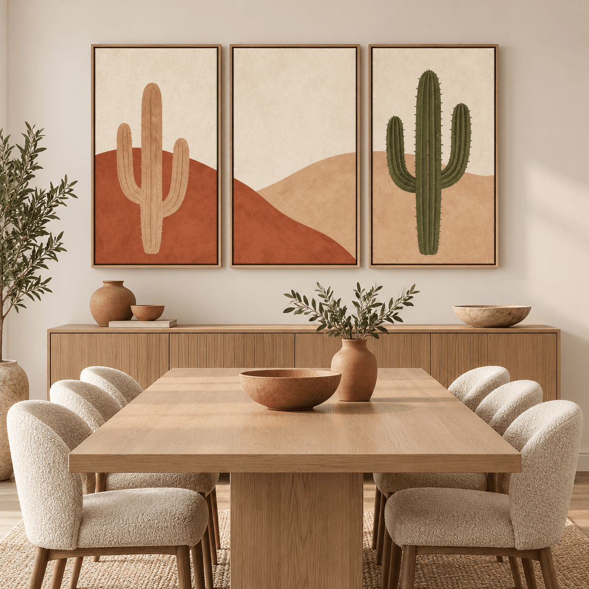 Cactus wall art set framed above a wooden dining table — Desert Trio by Rossetti Art