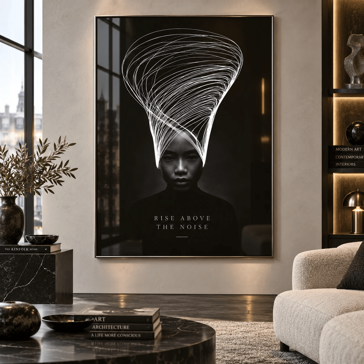 Calming wall art – Rise Above the Noise black and white portrait with a swirl of white lines, acrylic print above a marble side table in a luxury living room by Rossetti Art