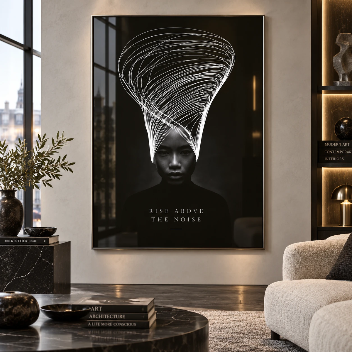 Calming wall art – Rise Above the Noise black and white portrait with a swirl of white lines, acrylic print above a marble side table in a luxury living room by Rossetti Art
