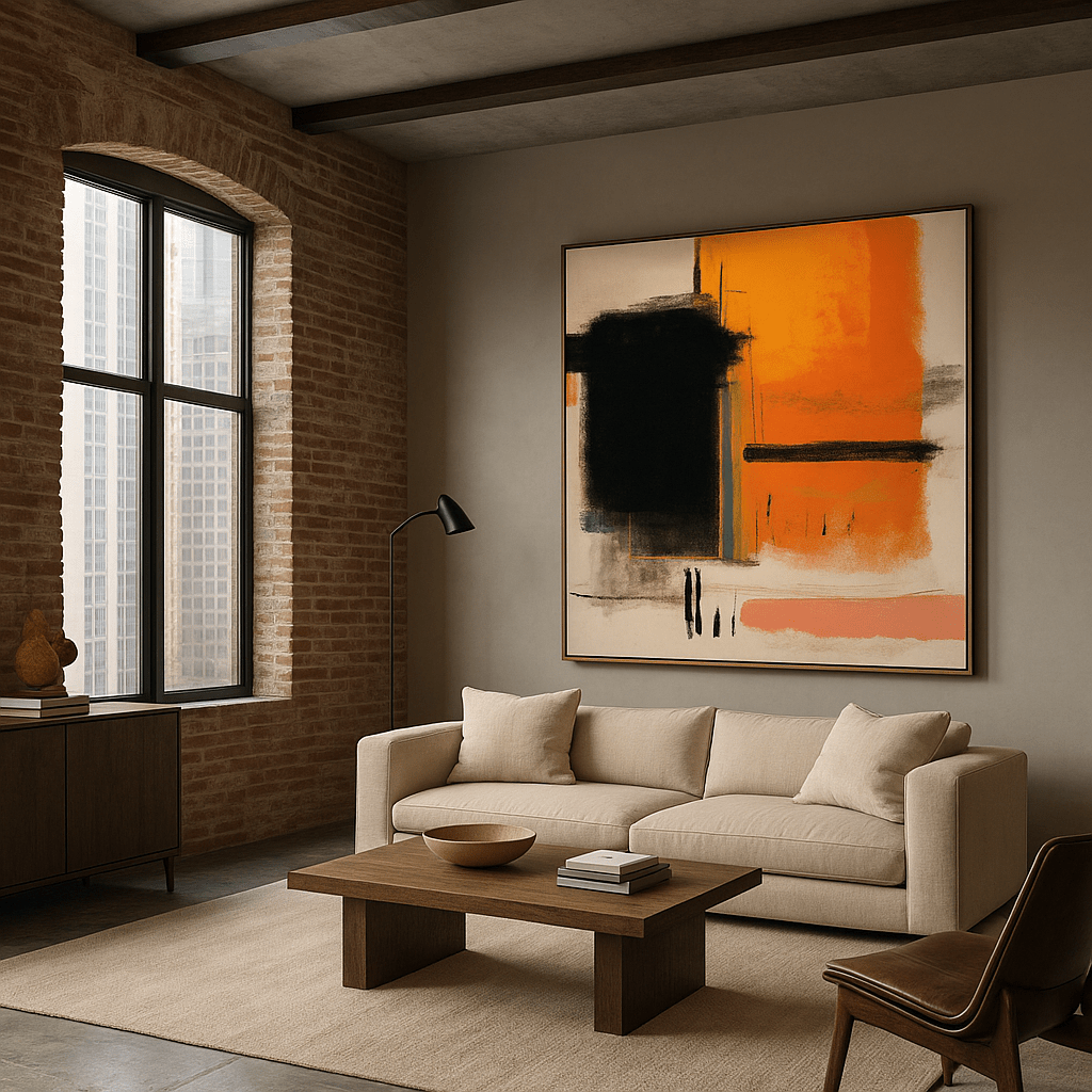 Canvas Print: Abstract Canvas Print in Orange and Black – Modern Expressionist Wall Art for Luxury Interiors | Rossetti Art modern abstract canvas wall art by Rossetti Art – luxury interior design artwork for living room, bedroom, office – abstract wall art contemporary wall design extra large canvas wall art for living room