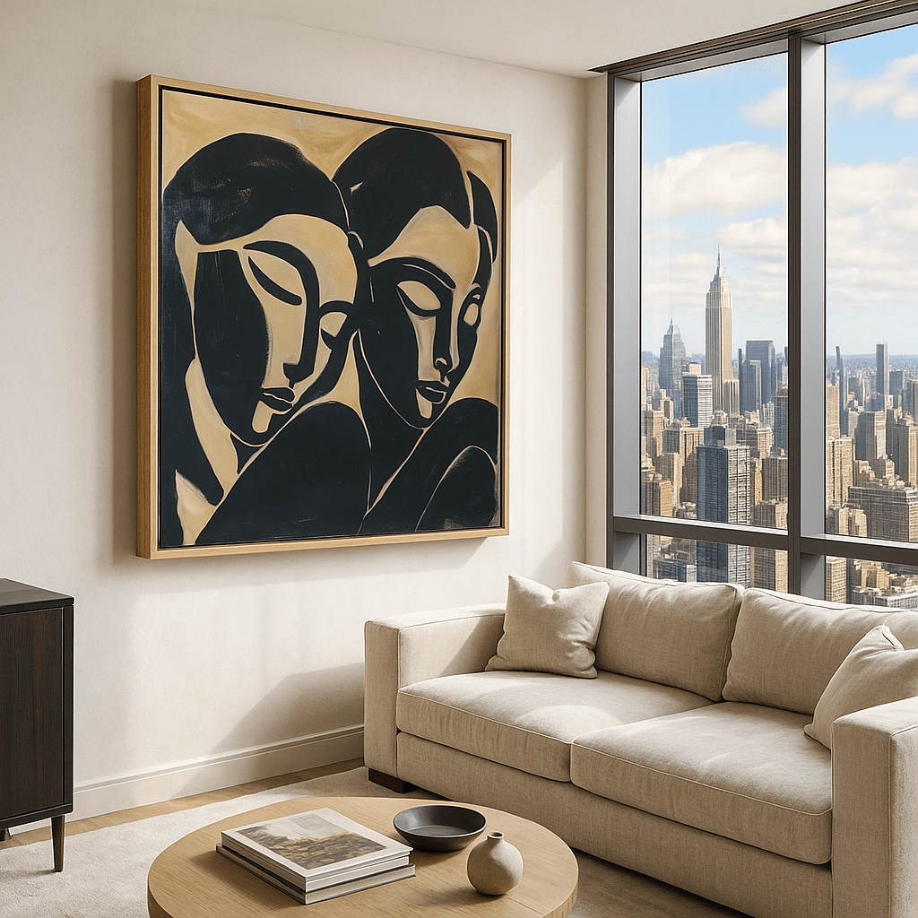 Canvas Print: Abstract Faces Connection - Black & Gold Minimalist Wall Art modern abstract canvas wall art by Rossetti Art – luxury interior design artwork for living room, bedroom, office – abstract wall art canvas print art Chiara Rossetti
