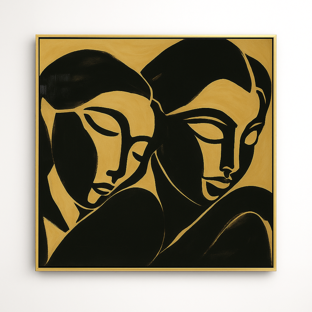 Canvas Print: Abstract Faces Connection - Black & Gold Minimalist Wall Art modern abstract canvas wall art by Rossetti Art – luxury interior design artwork for living room, bedroom, office – abstract wall art canvas print art Chiara Rossetti