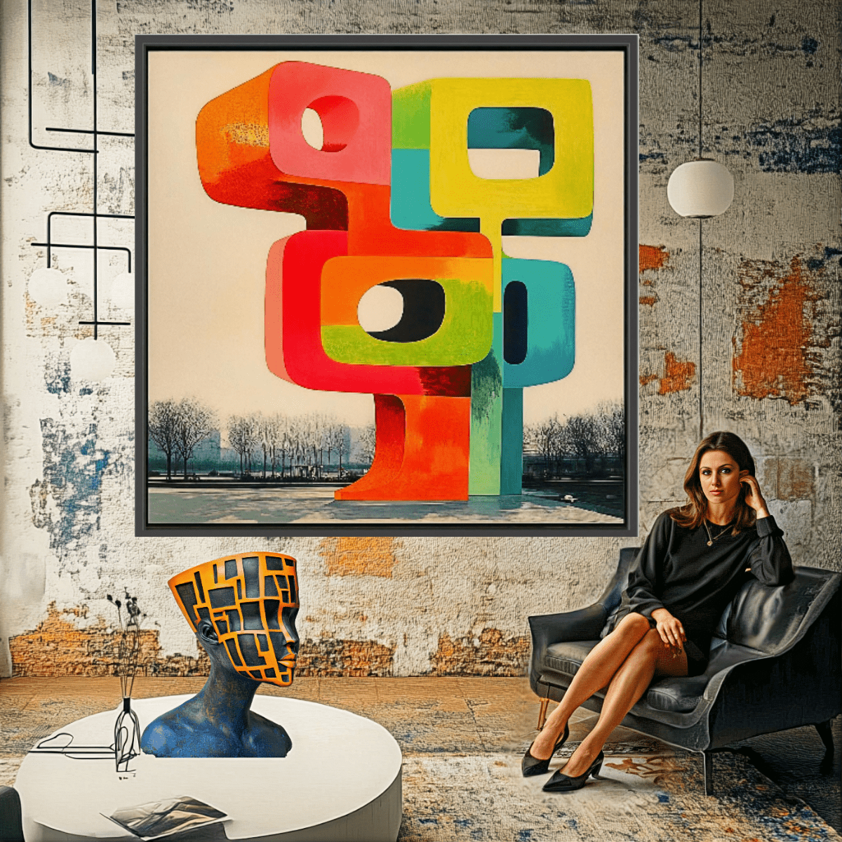 Canvas Print : Abstract Geometric Sculpture Canvas Art - Vibrant Modern Design modern abstract canvas wall art by Rossetti Art – luxury interior design artwork for living room, bedroom, office – Abstract Modern Design Canvas Bold Vibrant Wall Art Colorful Statement Piece Decor