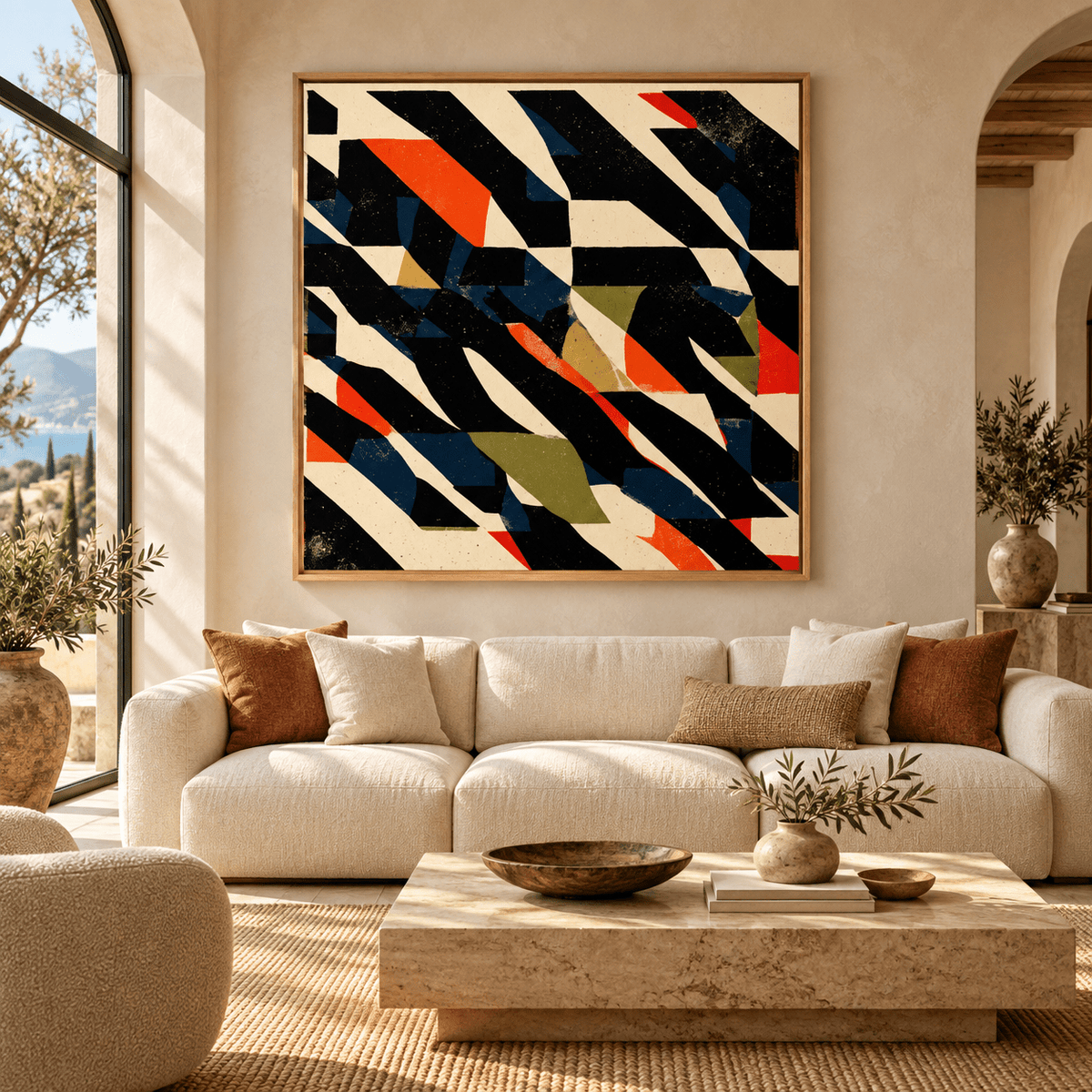 Abstract Geometric Wall Art – Fractured Signal canvas print in oak floater frame above a living room sofa