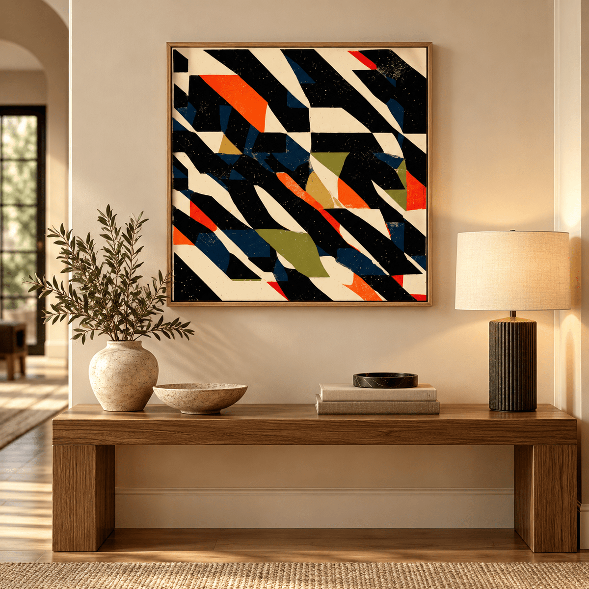Abstract Geometric Wall Art – Fractured Signal canvas print in oak floater frame above an entryway console table
