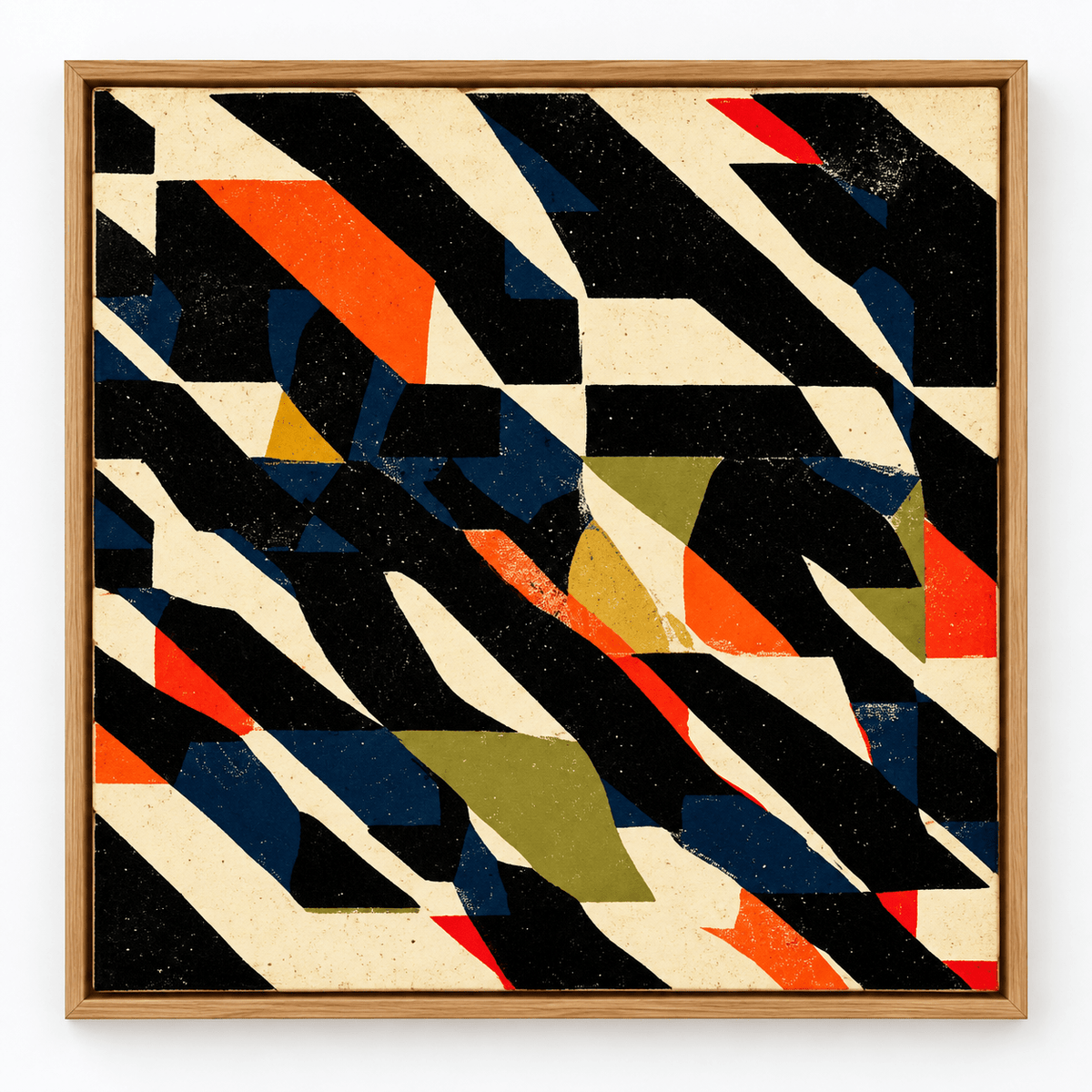 Front view of square abstract geometric canvas print in oak floater frame, black orange navy and olive fragments