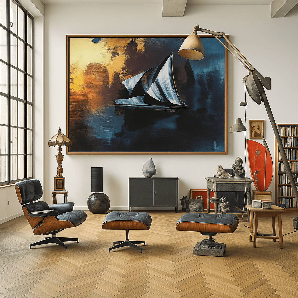 Canvas Print : Abstract Sailboat Canvas Art - Sunset Serenity modern abstract canvas wall art by Rossetti Art – luxury interior design artwork for living room, bedroom, office – Abstract Sailboat Canvas Art Modern Coastal Decor Nautical Modern Wall Art