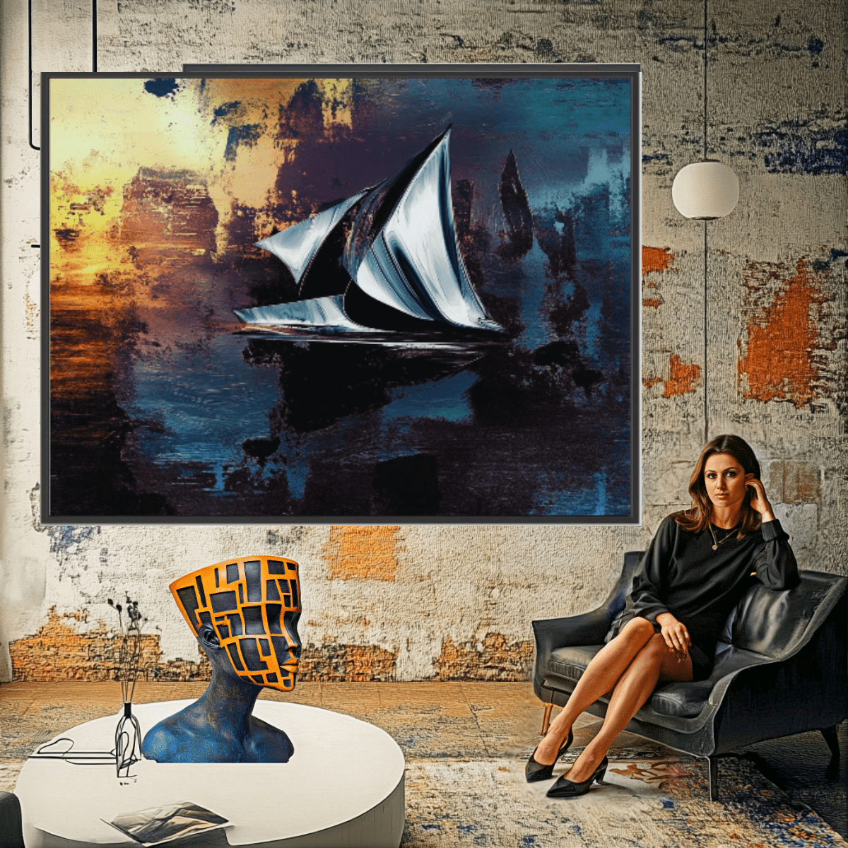 Canvas Print : Abstract Sailboat Canvas Art - Sunset Serenity modern abstract canvas wall art by Rossetti Art – luxury interior design artwork for living room, bedroom, office – Abstract Sailboat Canvas Art Modern Coastal Decor Nautical Modern Wall Art