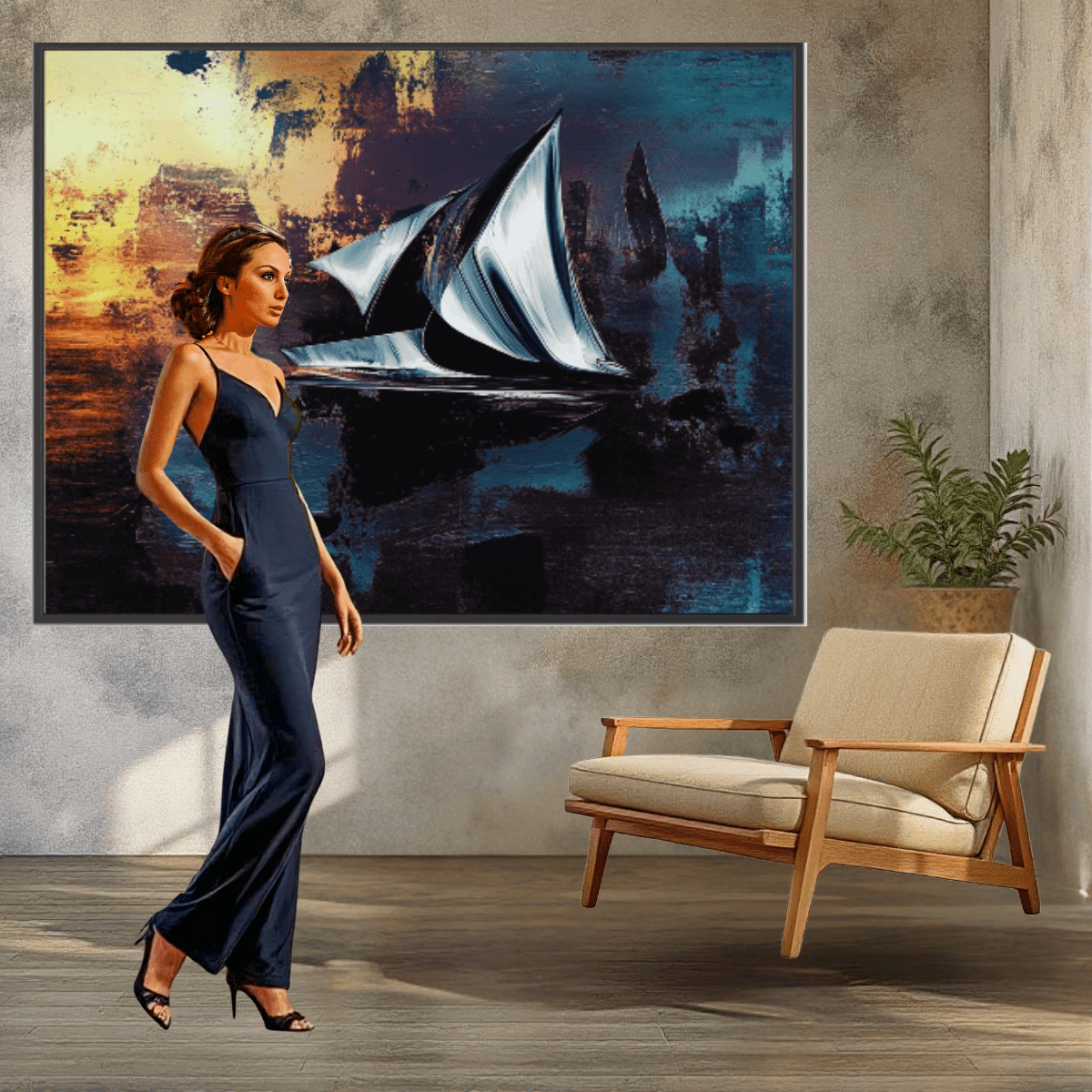 Canvas Print : Abstract Sailboat Canvas Art - Sunset Serenity modern abstract canvas wall art by Rossetti Art – luxury interior design artwork for living room, bedroom, office – Abstract Sailboat Canvas Art Modern Coastal Decor Nautical Modern Wall Art