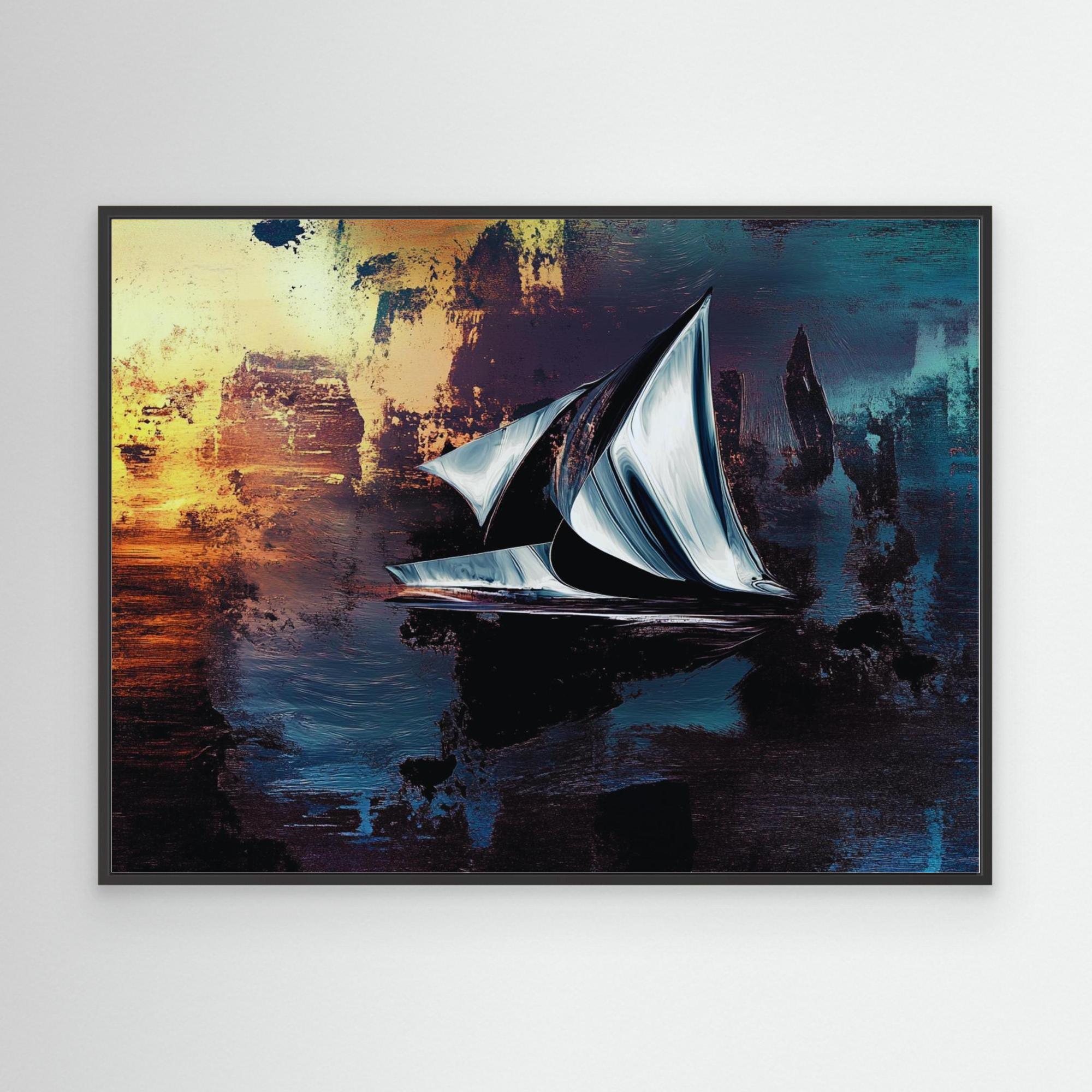 Canvas Print : Abstract Sailboat Canvas Art - Sunset Serenity modern abstract canvas wall art by Rossetti Art – luxury interior design artwork for living room, bedroom, office – Abstract Sailboat Canvas Art Modern Coastal Decor Nautical Modern Wall Art