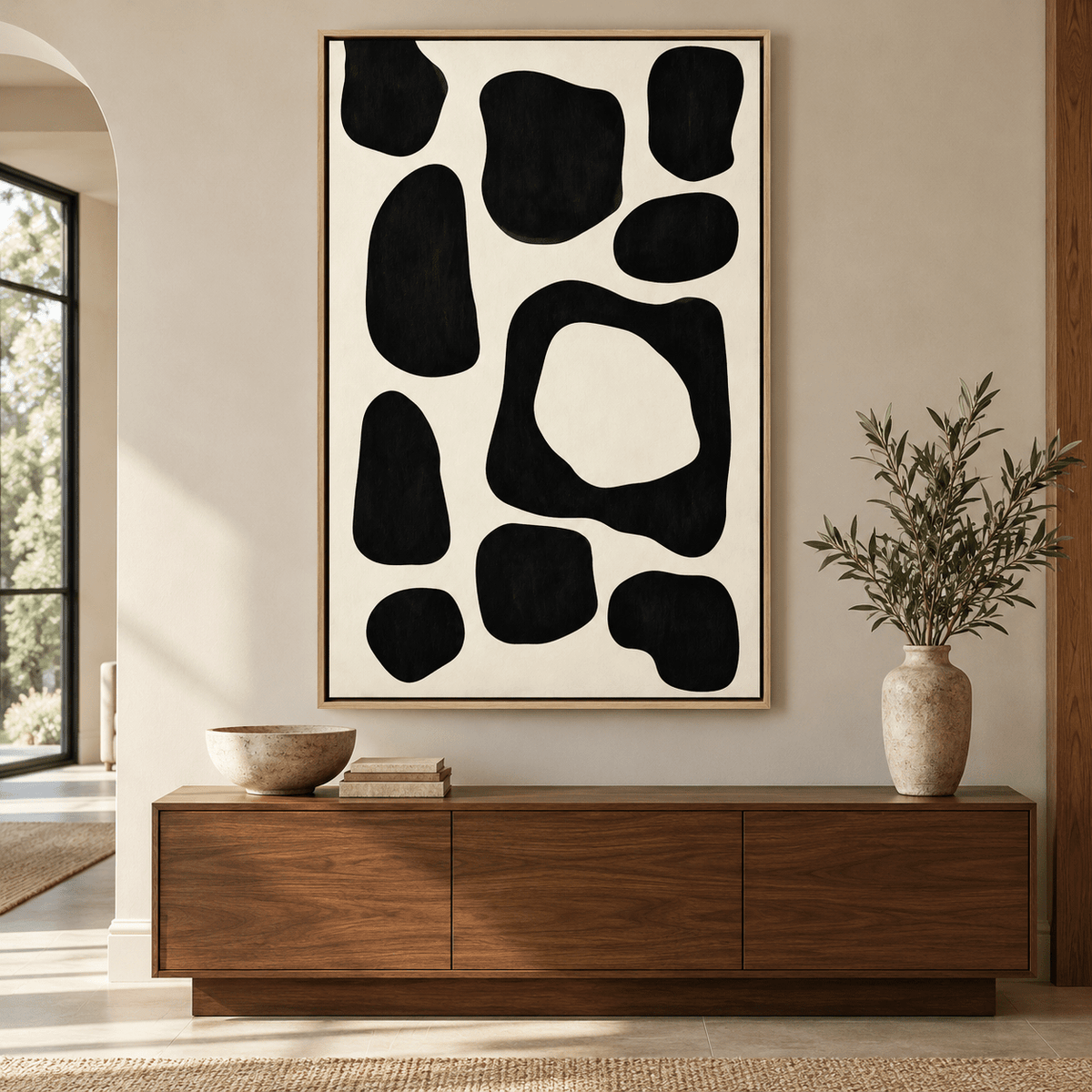 Abstract Shapes Wall Art – Ink Pebbles canvas print by Rossetti Art above a console