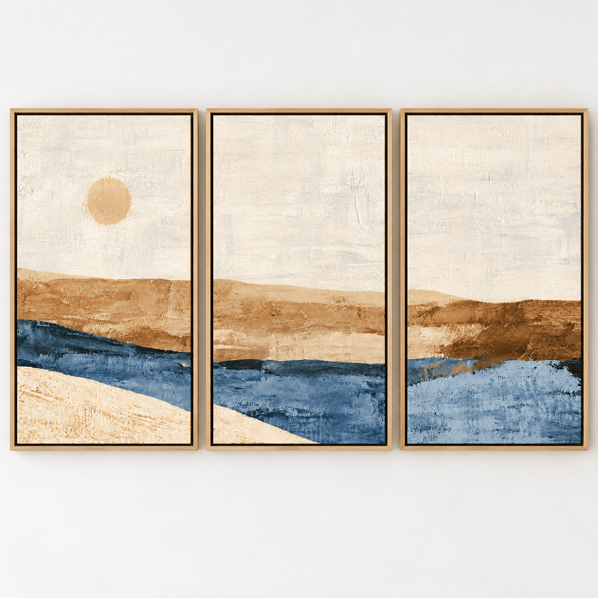 Abstract Sunset Wall Art – Ochre Tide canvas print set of 3 by Rossetti Art, trio of ochre and denim landscapes