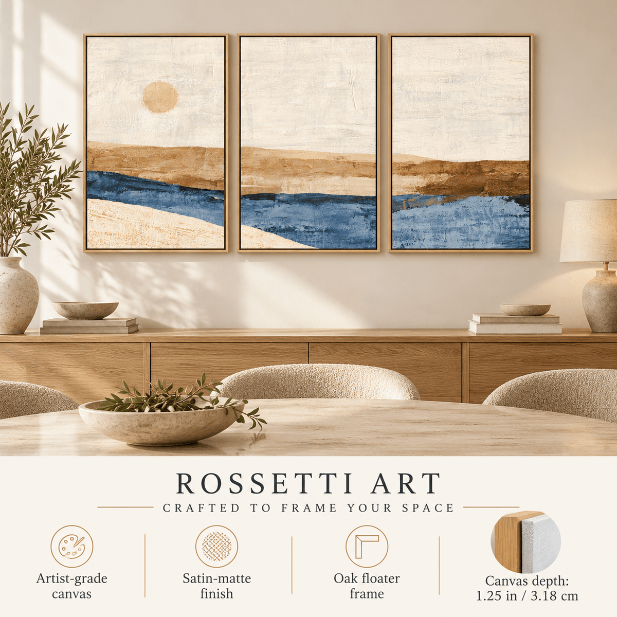 Abstract Sunset Wall Art – Ochre Tide canvas print set of 3 by Rossetti Art, framed triptych in a refined dining room