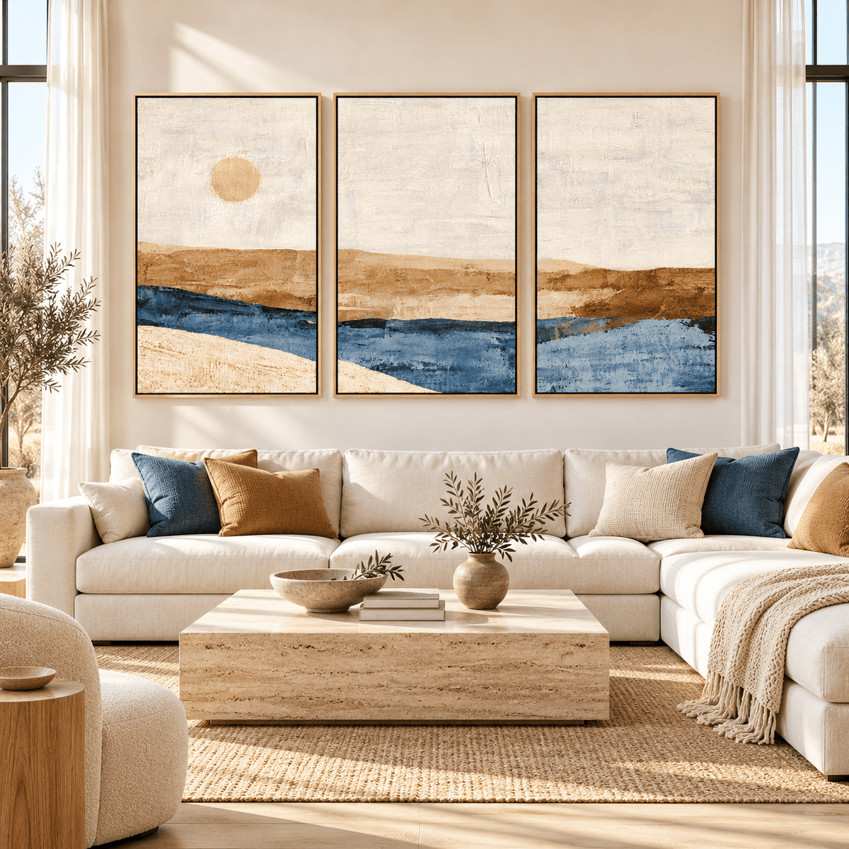 Abstract Sunset Wall Art – Ochre Tide canvas print set of 3 by Rossetti Art, framed triptych above a cream sofa