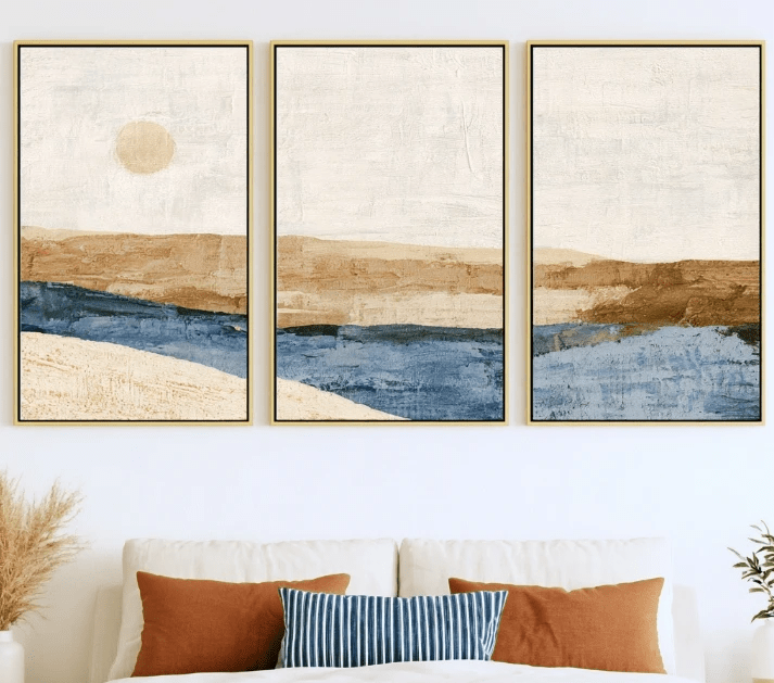Abstract Sunset Wall Art – Ochre Tide canvas print set of 3 by Rossetti Art