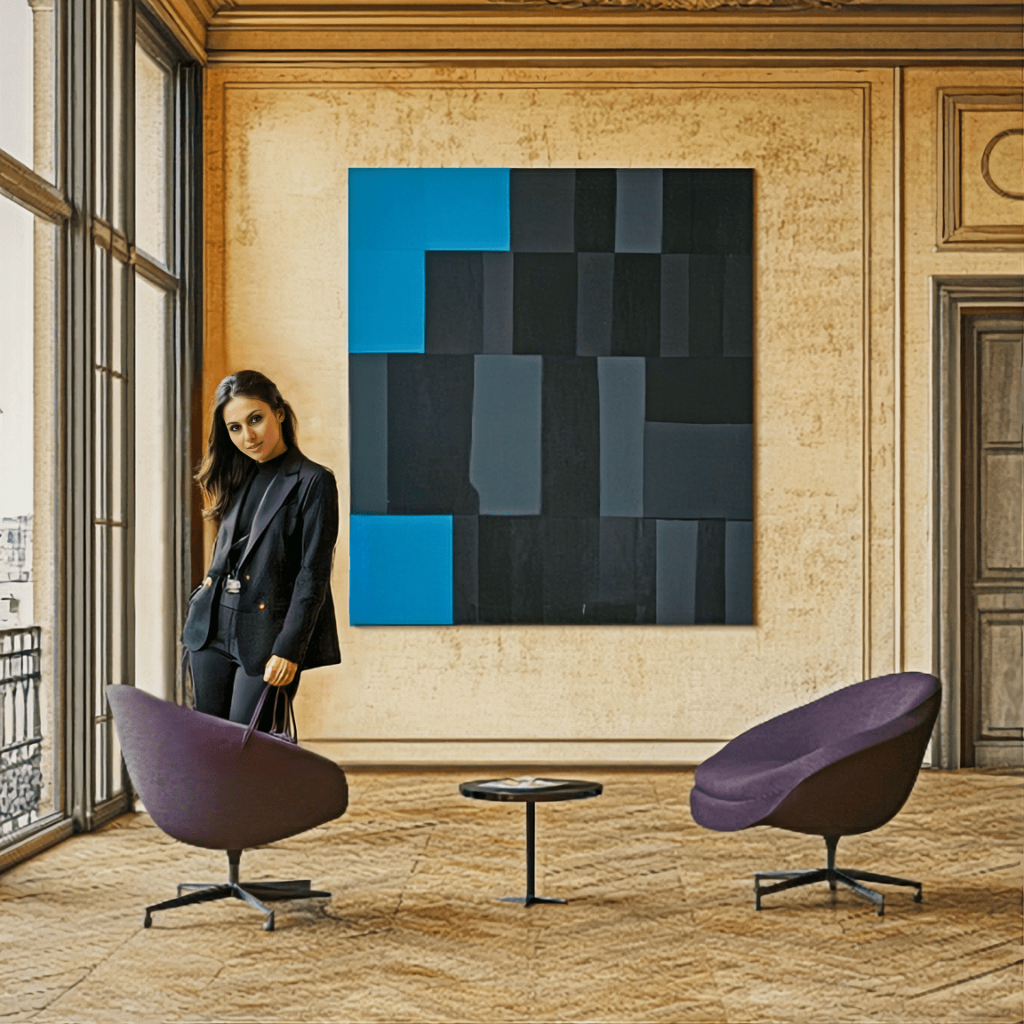 Canvas Print: "Abstract Symphony in Black and Blue" modern abstract canvas wall art by Rossetti Art – luxury interior design artwork for living room, bedroom, office – Black and Blue Canvas