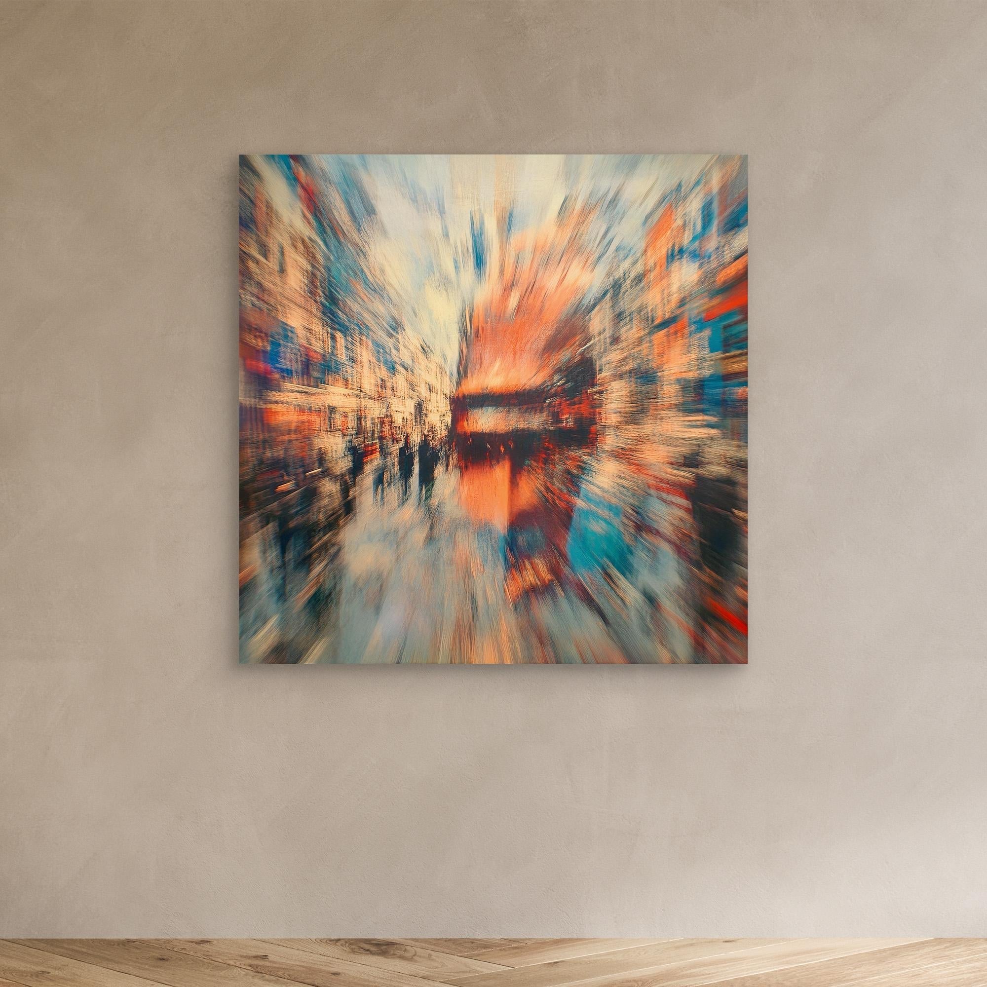 Canvas Print : Abstract Urban Motion Canvas Art - Vibrant Cityscape Blur modern abstract canvas wall art by Rossetti Art – luxury interior design artwork for living room, bedroom, office – Abstract Cityscape Wall Decor Abstract Urban Motion Canvas Art Contemporary Urban Artwork