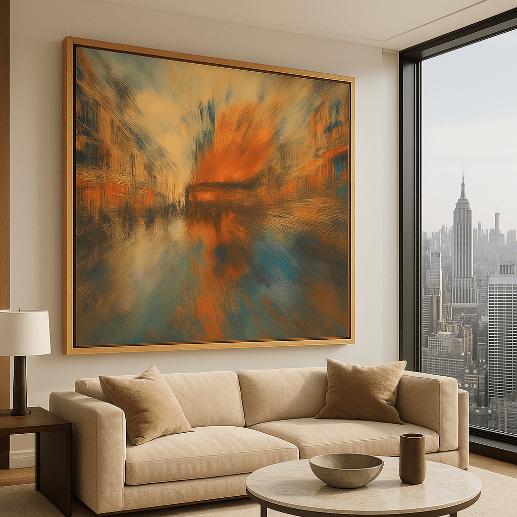Canvas Print : Abstract Urban Motion Canvas Art - Vibrant Cityscape Blur modern abstract canvas wall art by Rossetti Art – luxury interior design artwork for living room, bedroom, office – Abstract Cityscape Wall Decor Abstract Urban Motion Canvas Art Contemporary Urban Artwork
