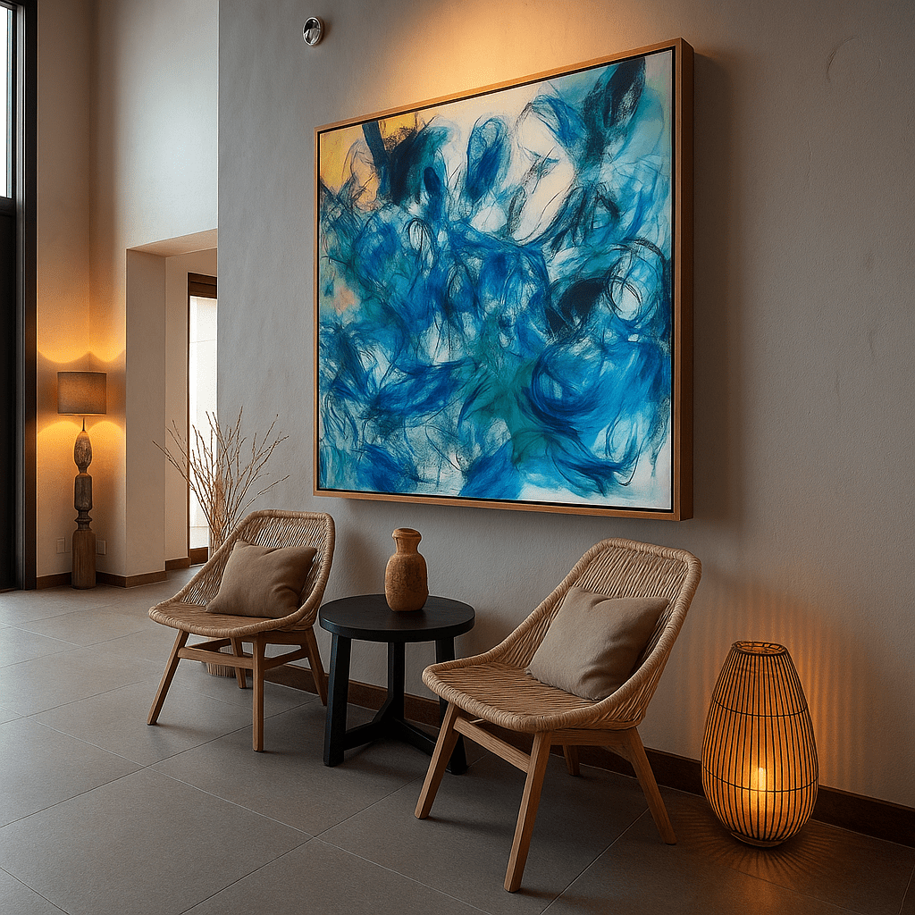 Canvas Print: "Aqua Rhythm" - Abstract Expressionist Wall Art modern abstract canvas wall art by Rossetti Art – luxury interior design artwork for living room, bedroom, office – Abstract Expressionism Aqua Canvas Art Expressionist Canvas