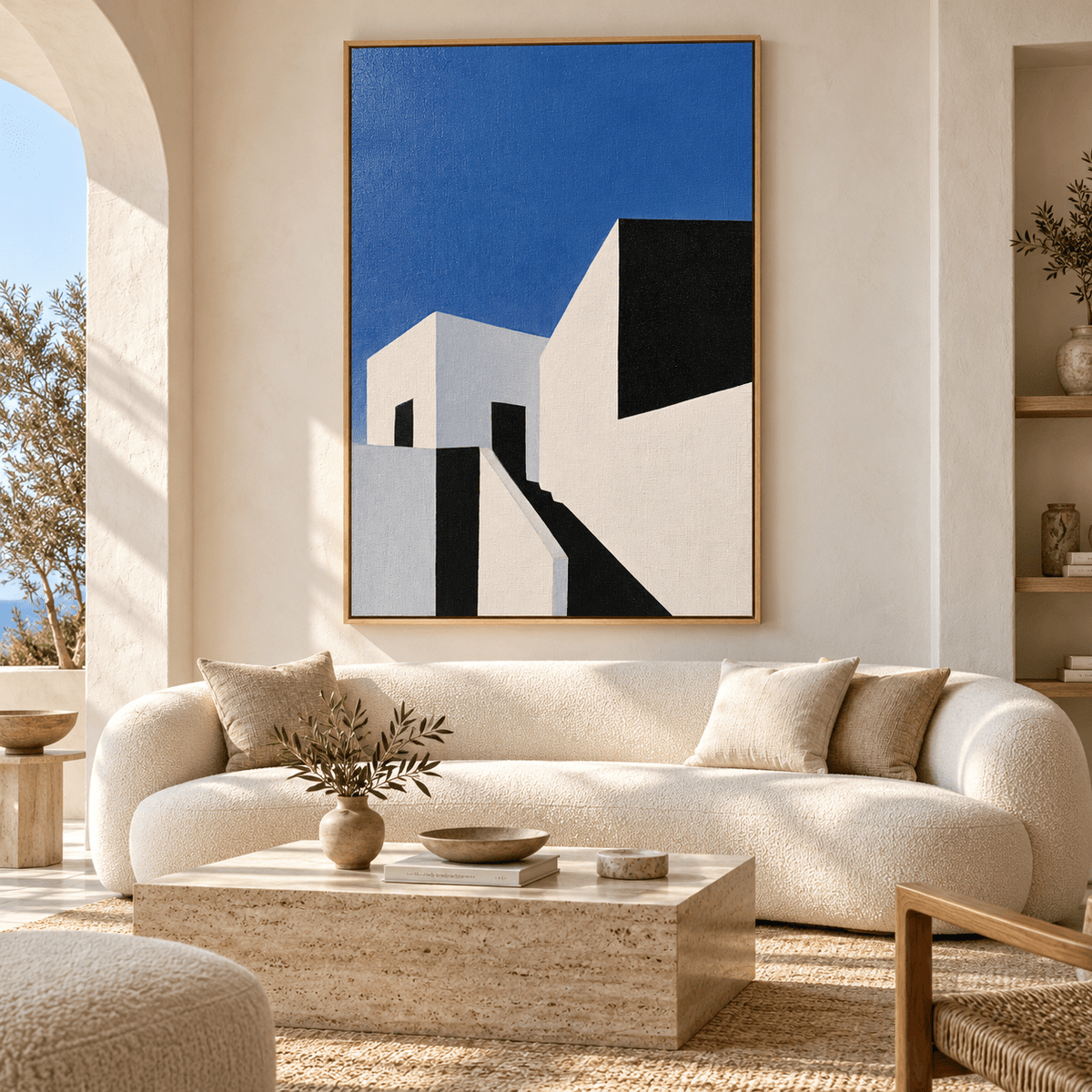 Architectural Wall Art Canvas Print – Cobalt Whitewash above a cream sofa by Rossetti Art
