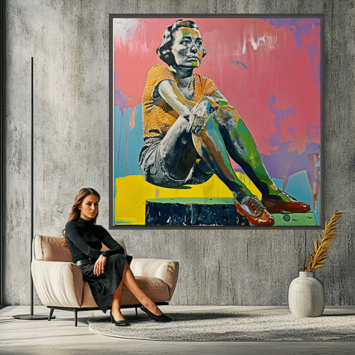 Canvas Print Art: Modern Muse - Vintage Pop Art Prints modern abstract canvas wall art by Rossetti Art – luxury interior design artwork for living room, bedroom, office – abstract woman painting Colorful woman portrait Contemporary Canvas Prints
