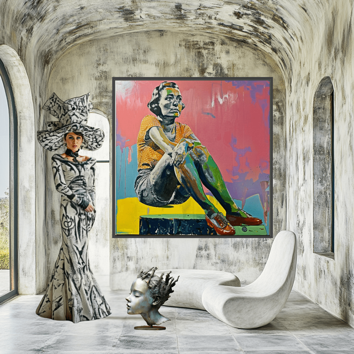 Canvas Print Art: Modern Muse - Vintage Pop Art Prints modern abstract canvas wall art by Rossetti Art – luxury interior design artwork for living room, bedroom, office – abstract woman painting Colorful woman portrait Contemporary Canvas Prints