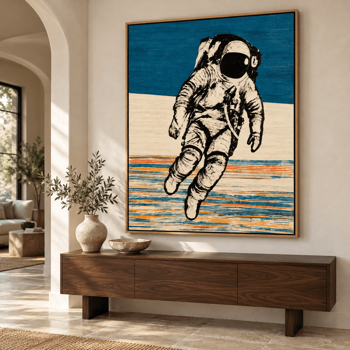 Astronaut Painting – Weightless Horizon Canvas Print by Rossetti Art, oversized floating astronaut in blue, cream and orange stripes above a console in a modern entryway